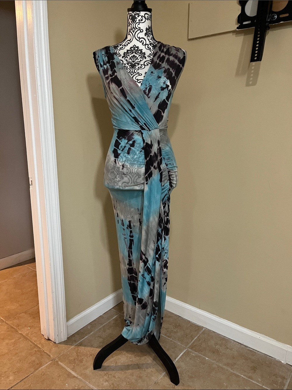 Blue, brown and Gray Tie-Dye Wrap Maxi Dress
